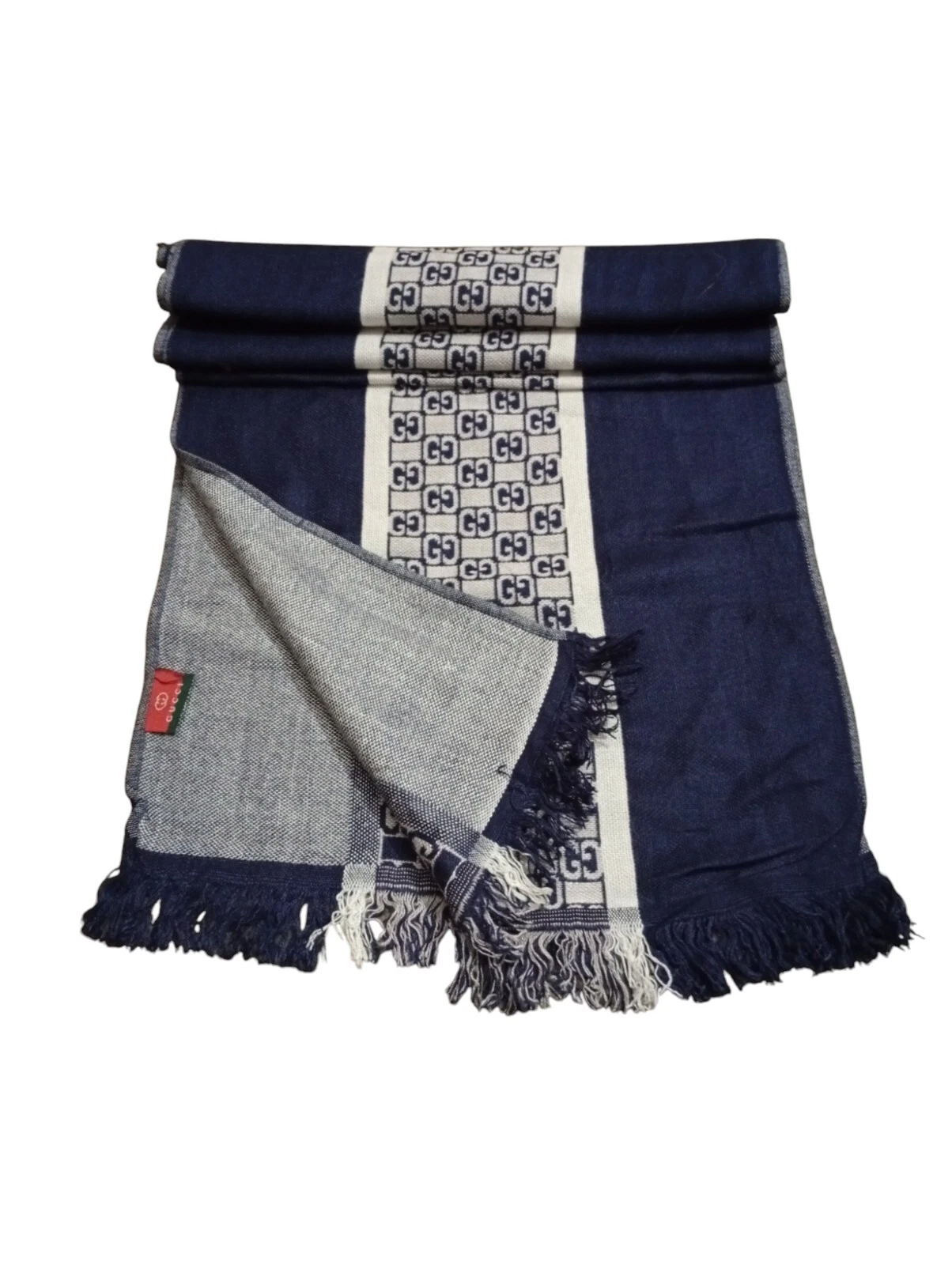 Gucci Foulard Bleu Gg Logo Pashmina Wrap Fabriqué en Italie 100% Authentique Laine Tricot Fring