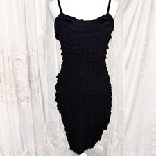 Y2K Black Tiered Ruffle Bodycon Mini Dress Adjustable Straps Size 6