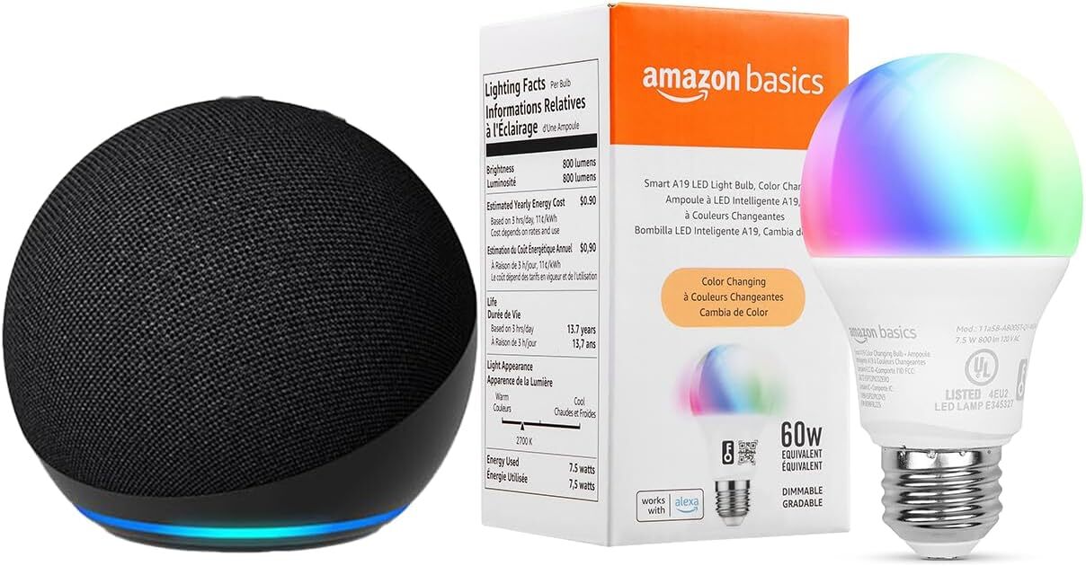 Echo Dot 5th Gen Smart Speaker with Alexa and Color Changing Smart Bulb-image