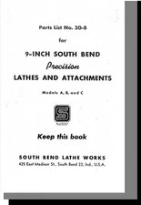 9-Inch Model A B C South Bend Metal Lathe Works Parts Manual List Book Catalog