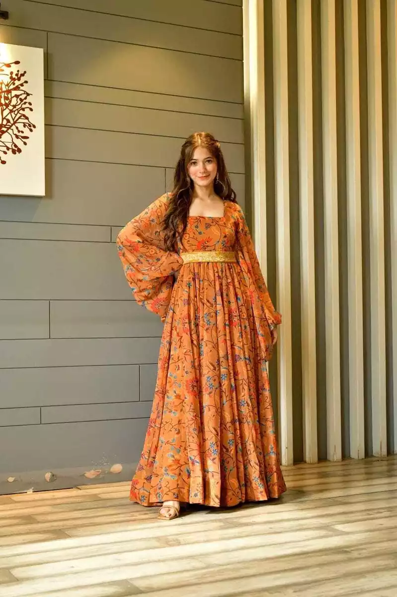 Peach Gown dress - Desi Royale | Bollywood style dress, Peach gown, Net  gowns
