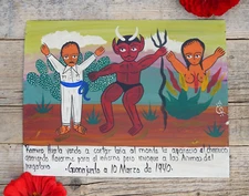 Tin Painting Ex-Voto Anima Sola Soul Saved Man from Red Devil Mexican Folk Art