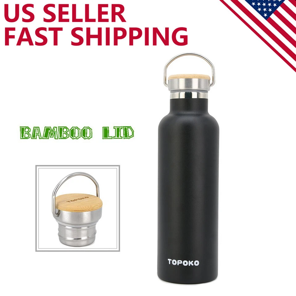 TOPOKO 25oz Stainless Steel Insulated Water Bottle, Leak Proof Bamboo Lid Handle