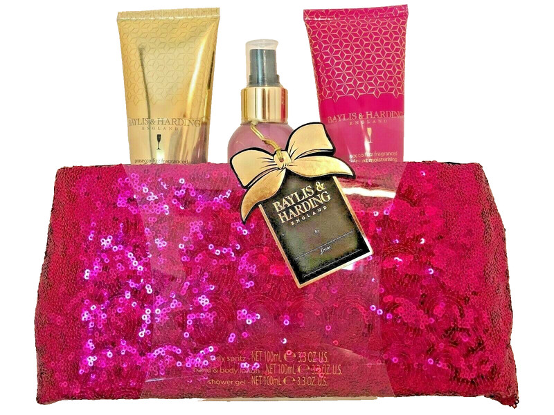 Baylis & Harding~PINK SEQUINED CLUTCH W/ 3 BODY CARE PRODUCTS~Brand New!!