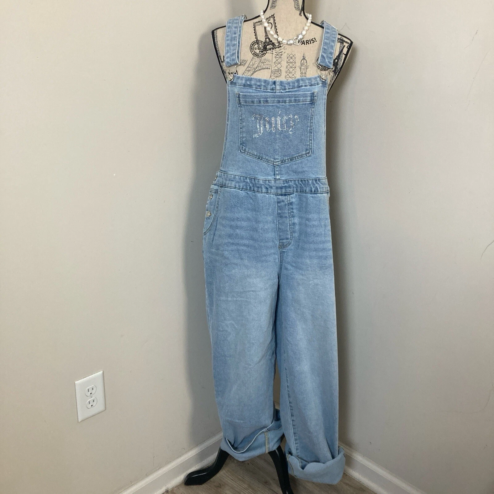 Juicy Couture Overalls Women XL Light Blue Rhinestone Denim Wide Leg NWT