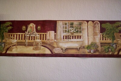ANTIQUE BATHTUBS VANITY TABLE BATHROOM PREPASTED WALLPAPER BORDER # AW77377