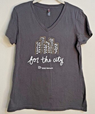 Womens Gray City Skyline T-Shirt V Neck Tee Sz M Send Network by District Made