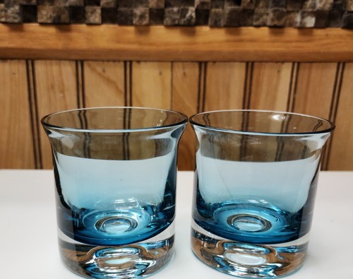 2 tumbler base in vetro svasato blu lowball pesi pesanti spinta nella base MCM stoviglie - Foto 7 di 7
