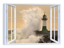 Quadro Stampa su Tela con Telaio in Legno Arredamento Finestra faro tempesta