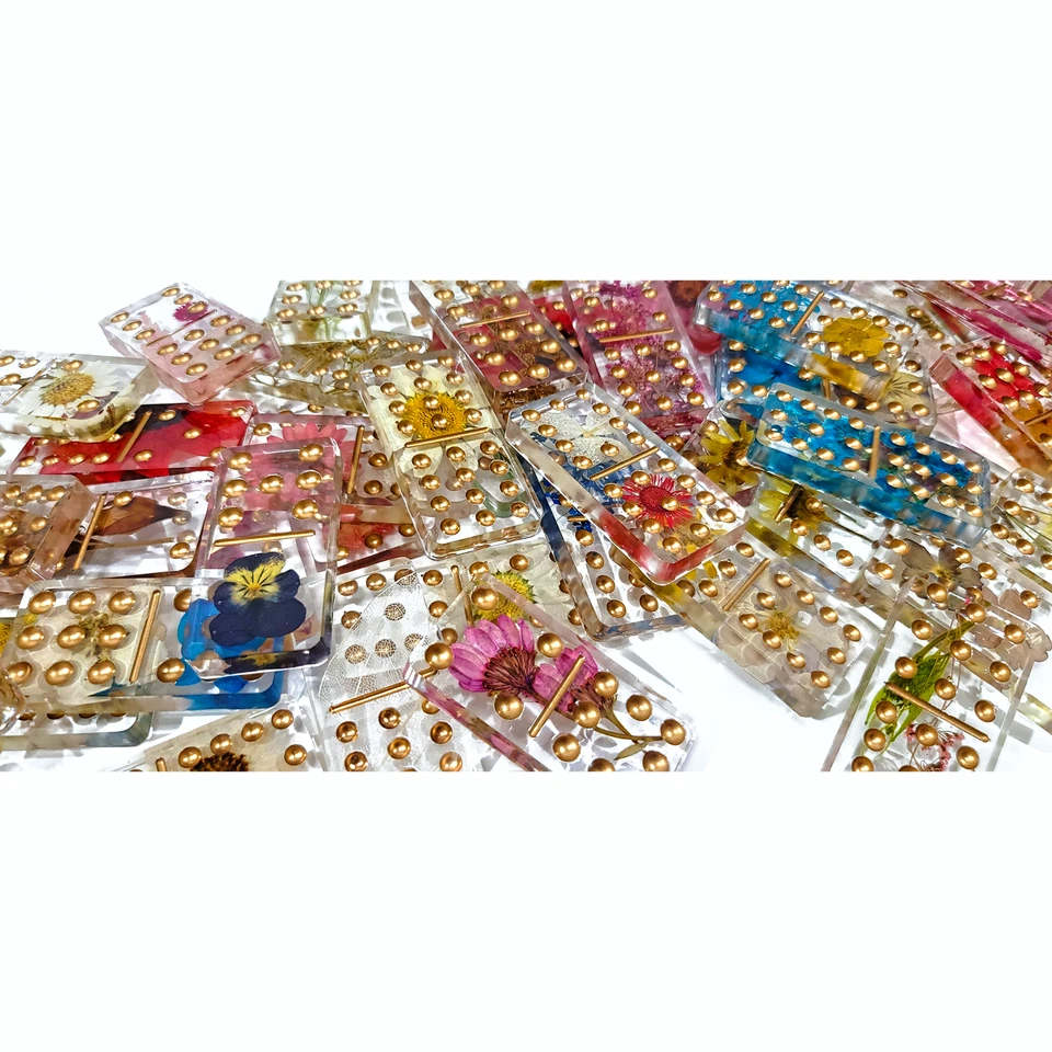 Handmade Resin Art Dried Pressed Flowers Transparent Clear Domino Double 12 Set - Image 2 of 4