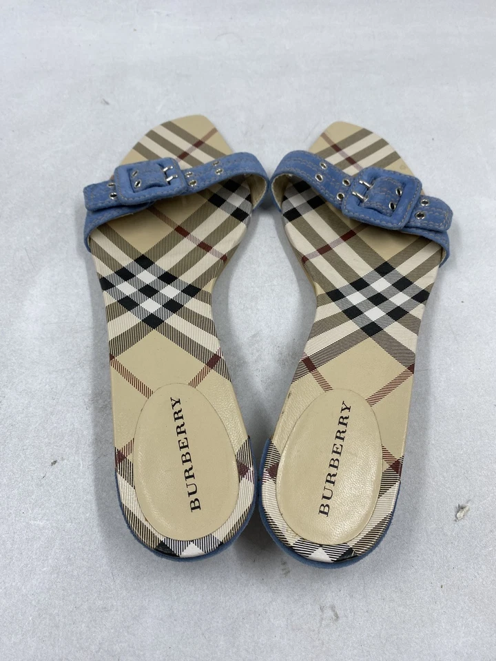 Burberry Check Beige Blue Leather Buckle Sandal W 9.5 - Image 4 of 4