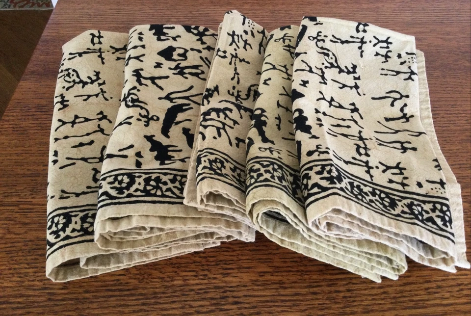 5 Tan & Black Batik Napkins Abstract Calligraphic Tribal Cave Paintings Animals - Image 2 of 4