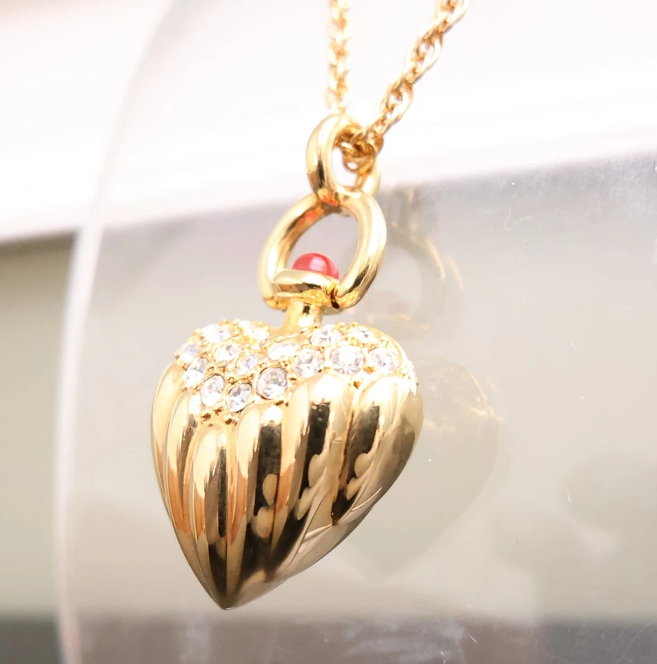 Joan Rivers Collar Corazón Hinchado Brillante Tono Dorado Pavé Cristal Rojo Cabujón Firmado Foto 4 de 4