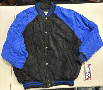 NWT Vintage 90s Reebok Men's Black and Blue Leather Jacket Size Large