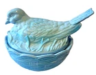 Vintage Blue Milk Swag Glass Bird Dove On a Nest Basketweave, 6 inches