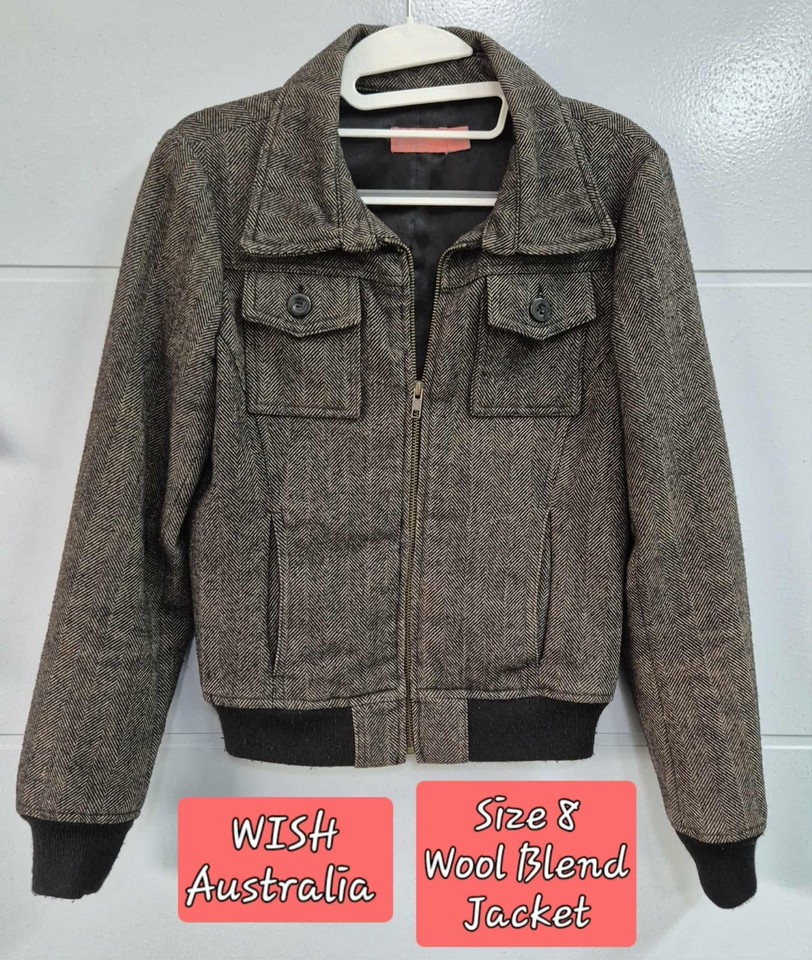 Wish Australia Womens 40% Wool Blend Zip Up Brown Tweed Style Jacket SZ 8 Black