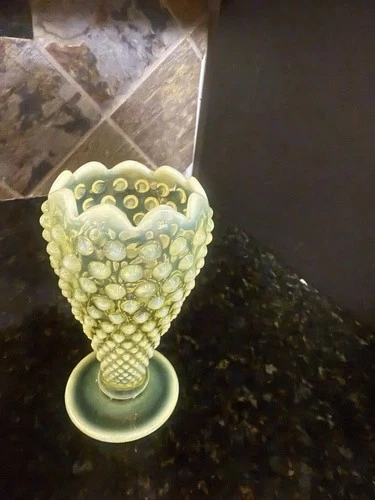 Vintage Fenton Topaz Uranium Opalescent Hobnail Glass Vase,Rose Petal Ruffle Rim