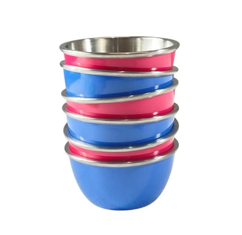 Vtg Crate & Barrel Ice Cream Bowls Stainless Steel Melamine 3 Blue 3 Pink S/6 - Image 2 of 4