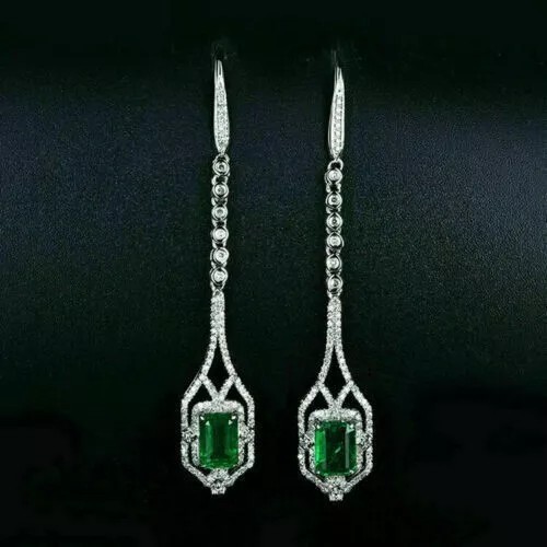 3 Ct Emerald Cut Simulated Green Emerald Drop Earrings In 14k White Gold Plated - Picture 2 of 4