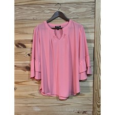 Roz  Ali Apricot Coral Pink 3/4 Sleeve Ruffle Pleated Tunic Top Sheer Womens XL