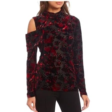 Donna Karan Burnout Velvet Cold Shoulder Long Sleeve Top Women Large Red Floral