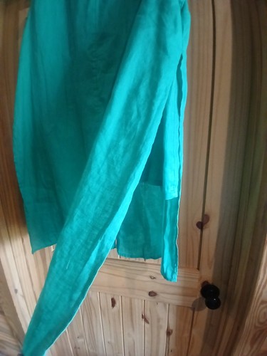Chicos Collard Button Up Splits On Sides Green 100% Linen Sz. 2 - Picture 6 of 9