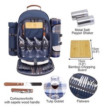 Picnic Backpack 4 Person Insulated with Cooler Compartment Navy and Blue Plaid