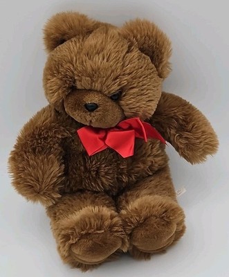 Vtg Eden Toys Teddy Bear Plush Chocolate Brown 16'' Red Bow Soft Stuffed Animal
