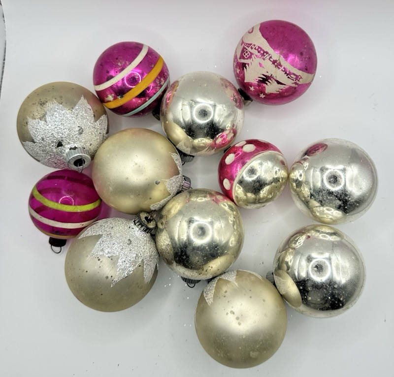 Lot of 12 Vintage Christmas Ornaments Silver Gold Shiny Brite More