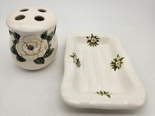 Vintage VB Athena USA White Rose Ceramic Soap Dish and Toothbrush Holder