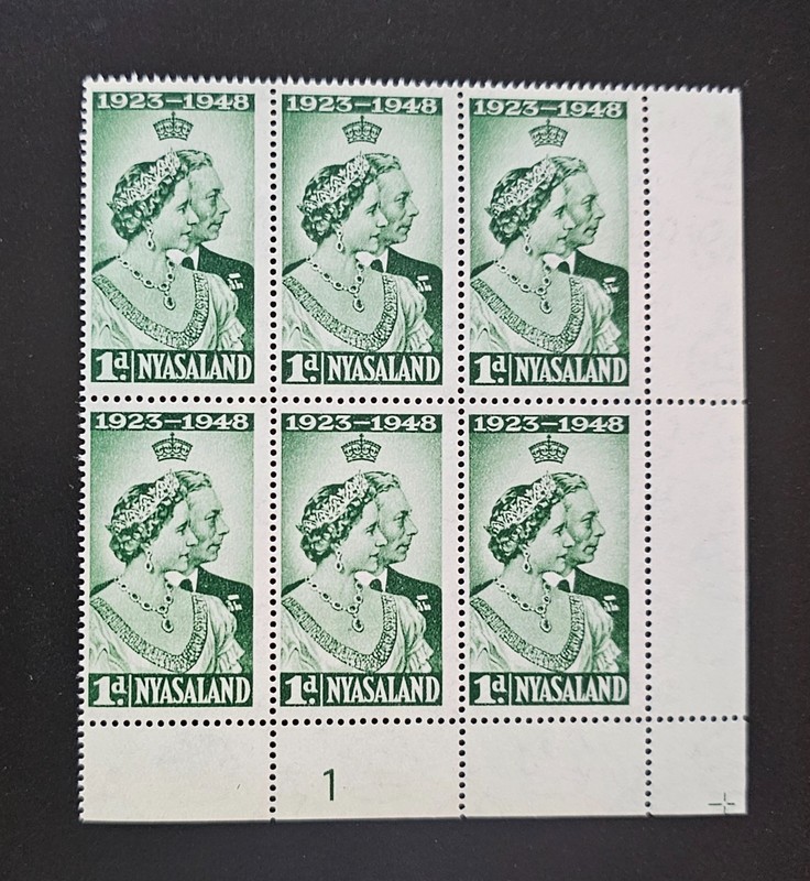 Nyasaland 1948 KGVI Silver Wedding SG 161. Scott 85 1d Green Plate #1 BLK 6 MNH