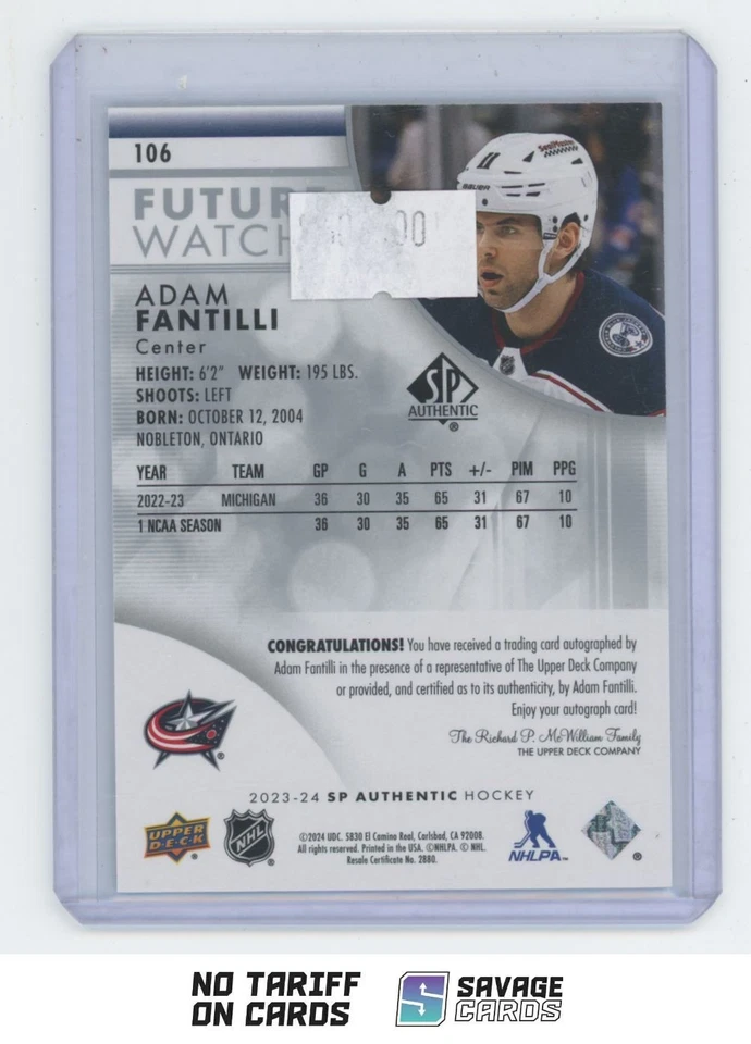 2023-24 SP Authentic Future Watch Auto Adam Fantilli /999 . #106 Columbus Blue - Image 2 of 3