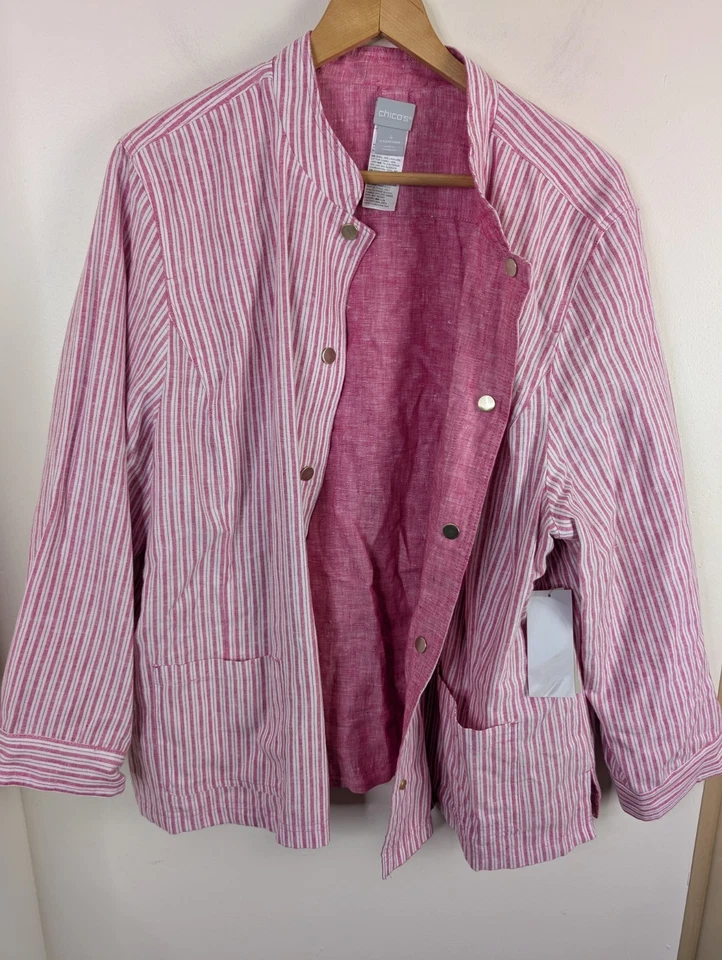 Chicos Size 4 XXL Pink Reversible Linen Jacket Railroad Stripes Haute Button New - Image 3 of 4