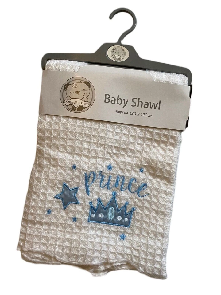 Large Baby Shawl Christening Blanket Boy Prince Crown Moses Crib Pram Cot Wrap - Image 1 of 4