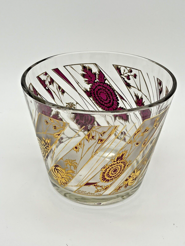 Culver Glass CHYRSANTHEMUM Ice Bucket Cranberry 22K Gold Flowers VTG 5" Signed - Picture 7 of 15