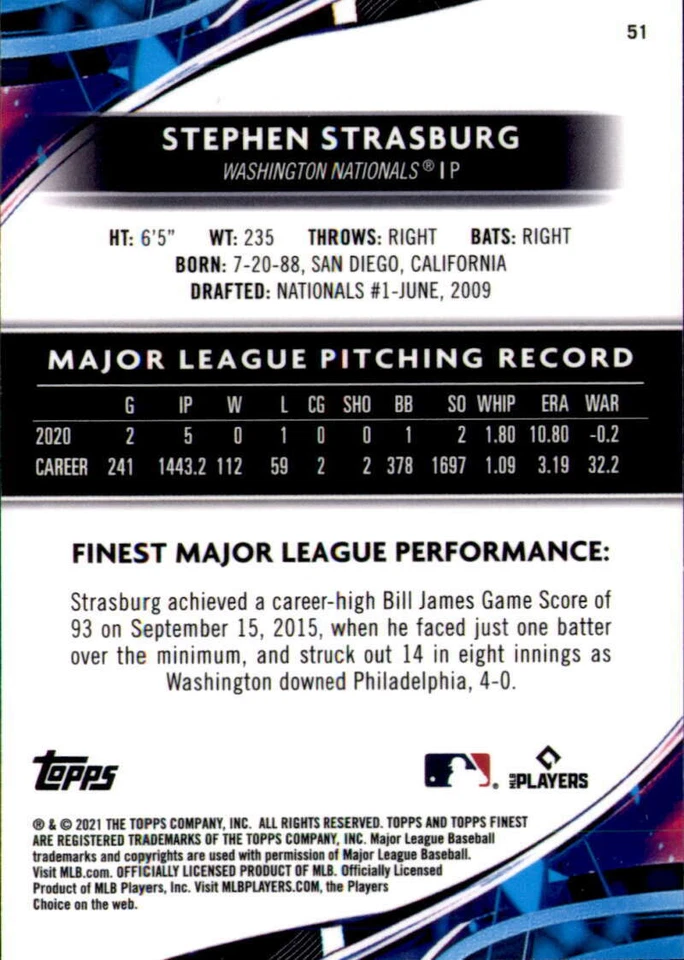 2021 Topps Finest Holo Blue #51 STEPHEN STRASBURG  /150 Washington Nationals  - Image 2 of 2