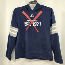 Starter Navy Hoodie Youth Size L Kangaroo Pocket Gray Sleeve Bands Est 1971