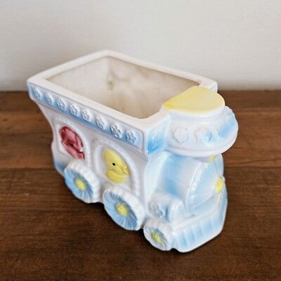 Vtg Animal Choo Choo Train Blue Baby Nursery Planter Rubens Originals Japan 3.5''