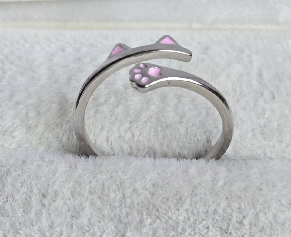 Anillo de plata de ley 925 con orejas y patas de gato y esmalte rosa talla 7 ajuste. *LINDO* Foto 2 de 4