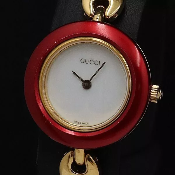 [Exc+4] Montre Femme GUCCI 11/12 Lunette Changeante Cadran Blanc Métal Rouge Occasion Fonctionne