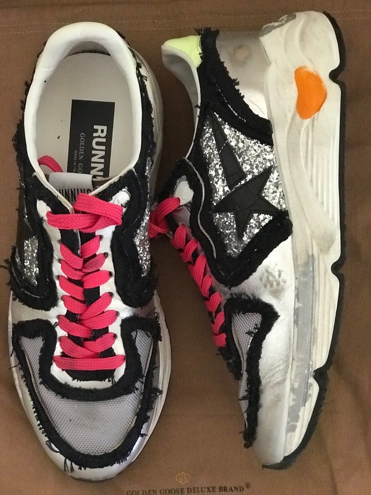 SAOLA Gol Goose Sneakers Running Suola Pelle Argento Glitter Nero Scarpe EU39 US9