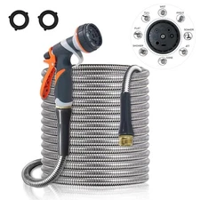 25 50 75 100FT Stainless Steel Metal Garden Water Hose Pipe Flexible Lightweight