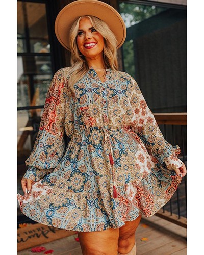 Brown Plus Size Vintage Floral Print Drawstring Waist Mini Dress ...
