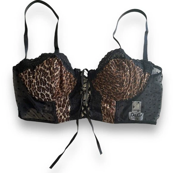 Corsé Bustier Dolce & Gabbana Años 90 Negro Estampado Animal Malla Con Cordones 38D Mediano L Foto 2 de 4