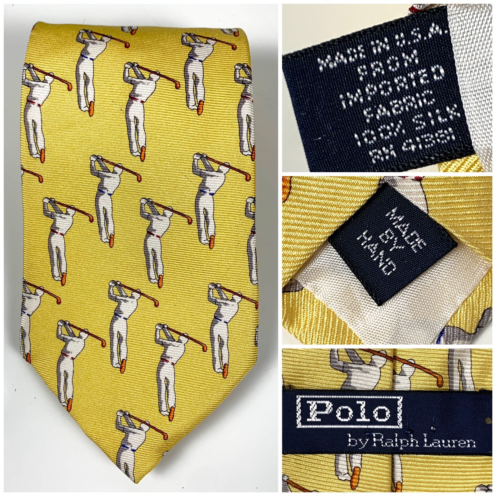 Vtg Polo Ralph Lauren Golf Men Silk Yellow Men Golfing Neck Tie Handmade USA EUC
