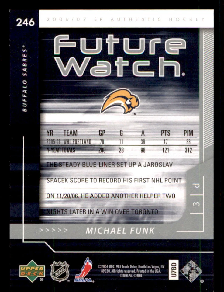 2006-07 SP Authentic #246 Michael Funk RC /999 (ref 240073) - Image 2 of 2