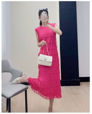 New Comfortable Casual Tassel Dress Round Neck Pleated Sleeveless A-line Skirt
