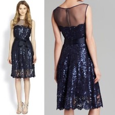 Tadashi Shoji Illusion Yoke Embroidered Sequin Lace Royal Navy Dress 10