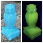 Vintage Degenhart Glass Owl Milk Blue Opaque Manganese UV Glows Green Figurine