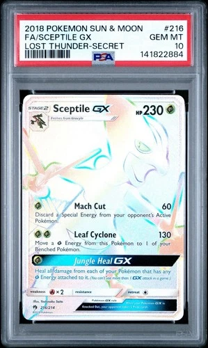 2018 POKEMON SUN & MOON LOST THUNDER SECRET #216 FULL ART/SCEPTILE GX PSA 10
